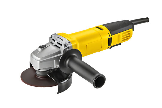 Yellow and silver angle grinder with handle isolated on a transparent background
