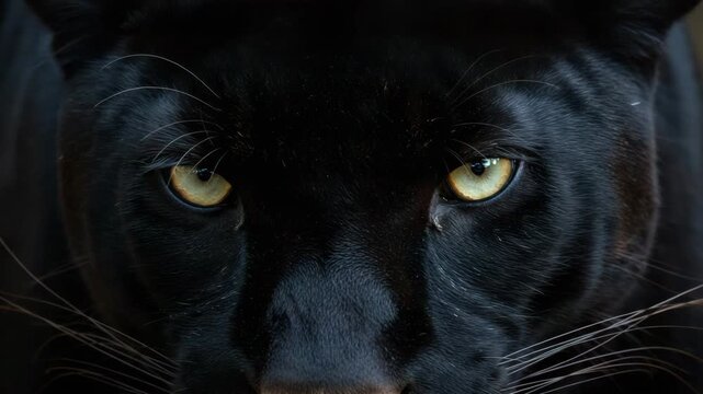 Close-up of a black panther's intense gaze with piercing yellow eyes