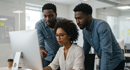 Young African American man and woman with a Caucasian colleague working on a project.