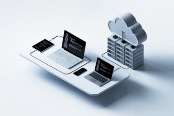 Photo of cloud computing and data storage concept with devices isolated on white background