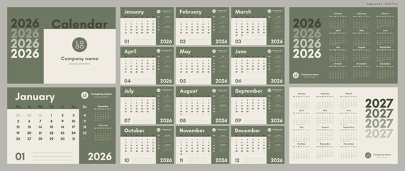 Horizontal calendar template for 2026. Corporate, copy space for the brand, modern design. Set of 14 pages and covers. 2026 and 2027, A4 format, English.