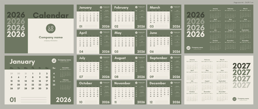 Horizontal calendar template for 2026. Corporate, copy space for the brand, modern design. Set of 14 pages and covers. 2026 and 2027, A4 format, English. - Powered by Adobe