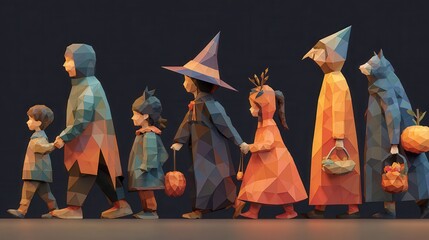 Fototapeta premium Low Poly Halloween Children Trick or Treating