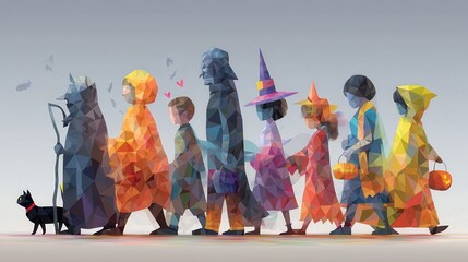 Naklejka premium Colorful Low Poly Halloween Children Parade Illustration