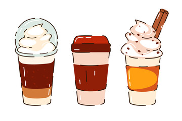 Set of autumn, winter drinks. Pumpkin latte with spices, coffee, cocoa with cream in paper cups. Vector illustration.