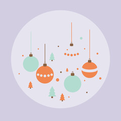 Christmas ornament design with wintery theme in a circle shape. Colorful ornaments and small Christmas trees are suspended with strings, set against a soft lavender background.