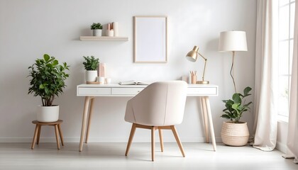 Bright minimalist home office with plants, desk, chair, and natural light