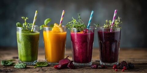The vibrant display of colorful smoothies in tall glasses with straws