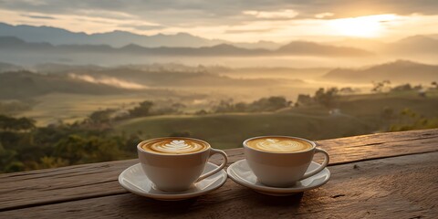 Two Cups of Coffee at Sunrise with Mountain Views Offering Serenity and Inspiration for a Peaceful Morning