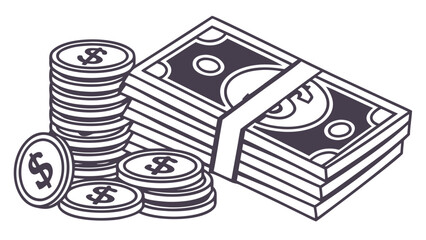 Illustration of a stack of dollar bills and a pile of coins with dollar signs in black and white
