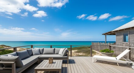 Fototapeta premium Beach house with a deck overlooking the turquoise ocean and sandy beach on a sunny day with blue sky.