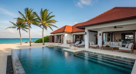 Fototapeta premium Luxury villa with pool on a tropical beach with palm trees and turquoise ocean in the Caribbean. ocean front property.