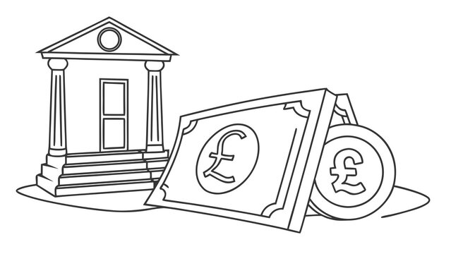 Illustration of a bank building with pound currency note and coin in a line art style design