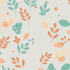 Abstract floral pattern with muted tones of sage green, peach, and cream on a light gray background. Repeating design of stylized leaves and flowers.