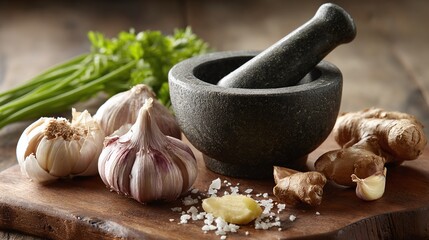 Fototapeta premium Culinary Herbs & Spices: Ginger, garlic, and parsley arranged with a mortar & pestle, evoke flavors. A rustic, wooden surface complements this culinary scene.