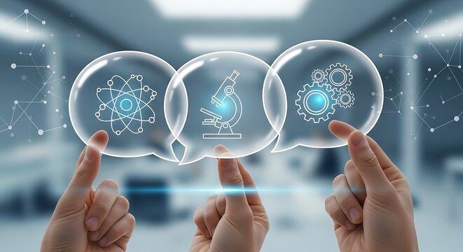 Science and technology concept with atom, microscope and gears icons.