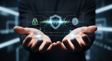 Businessman holding digital security icons over hands. Internet data protection.