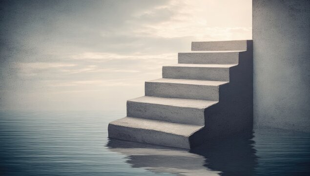 Concrete steps lead to light, reflecting on water