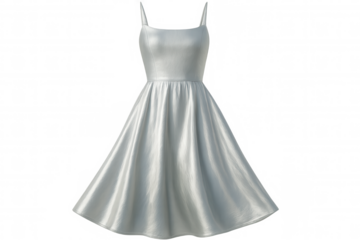 Elegant white sleeveless dress featuring delicate straps, flowing skirt design, floating against clean transparent background