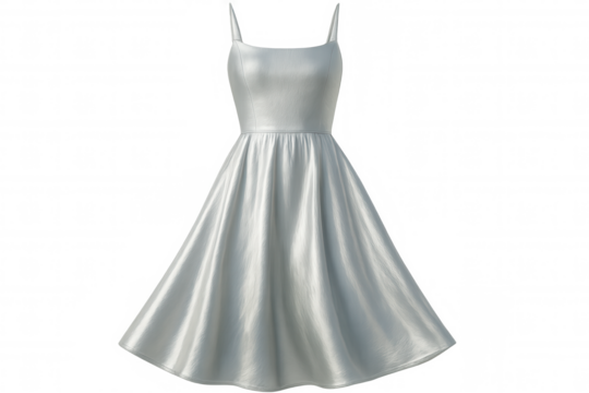 Elegant white sleeveless dress featuring delicate straps, flowing skirt design, floating against clean transparent background