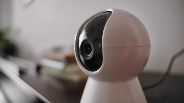 Security camera monitoring an indoor room, providing real-time surveillance for safety, protection, and crime prevention in a modern indoor environment. watching over pets, kids, or valuables, safety.