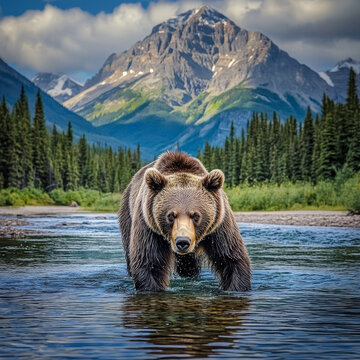 Grizzly bear wading in river, majestic mountains backdrop