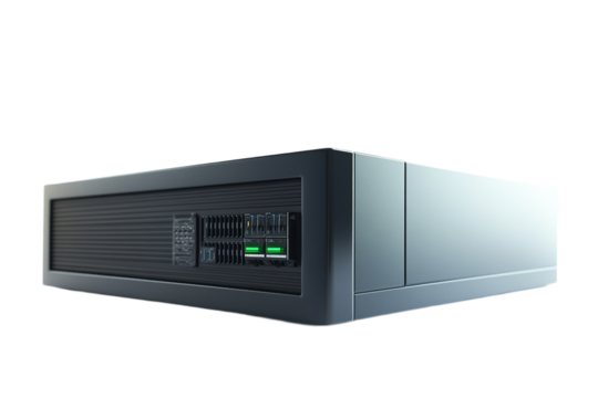 Sleek and modern server with vibrant green lights on transparent background