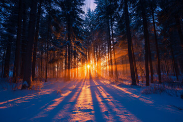 Golden sunset sunlight through winter forest trees
