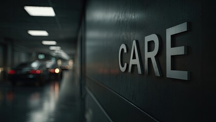 Car service center hallway, CARE sign, vehicle repair, dark background