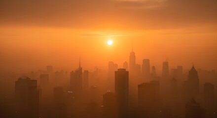 Obraz premium Cityscape at Sunrise with Orange Haze and Skyscrapers.