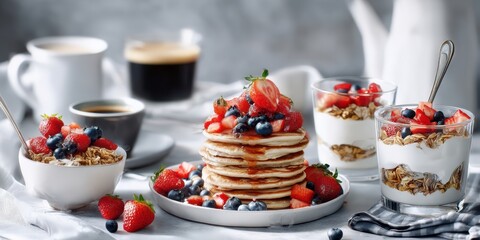 The delicious stack of pancakes topped with fresh berries and yogurt.