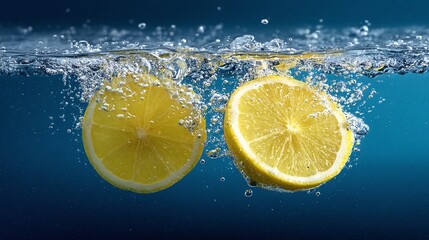 Lemon Slices Plunging into Water. Fresh citrus halves fall into the blue, clear water with a splash. Bubbles surround the fruit in a vibrant, refreshing scene.