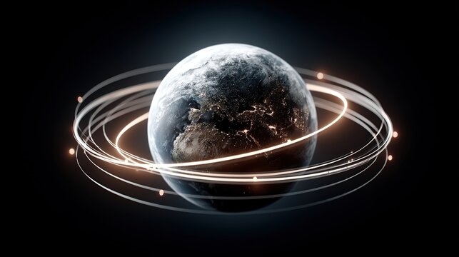 Global Network: Earth with Glowing Orbital Rings and City Lights - Powered by Adobe