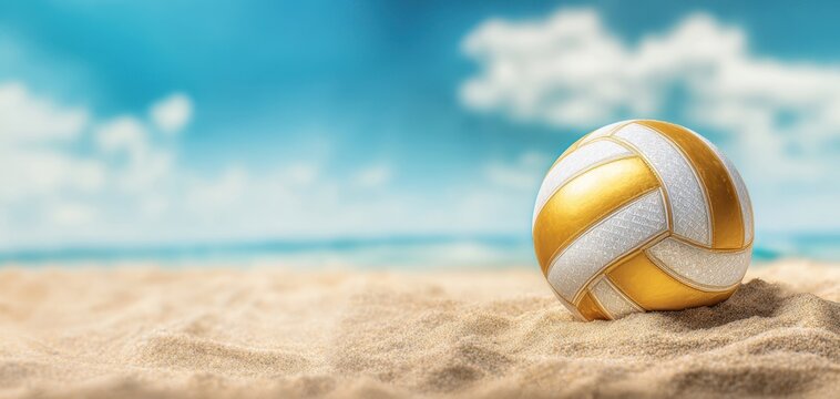 The vibrant volleyball resting on sandy beach under a bright blue sky - Powered by Adobe