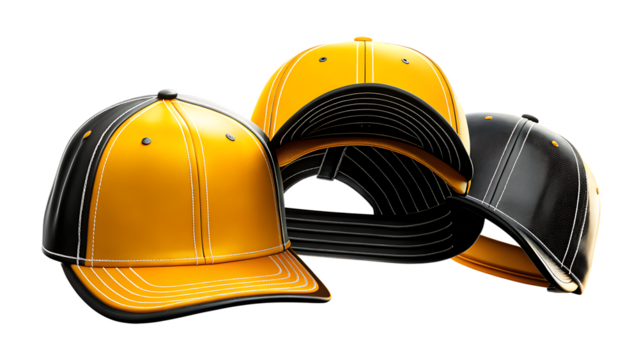 Yellow baseball caps isolated on a transparent background white stitching headwear - Powered by Adobe