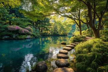 Fototapeta premium Peaceful japanese garden with serene pond and stepping stones