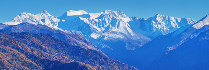 Belukha Mountain is the highest point of Altai, panoramic view of snow-capped peaks, climbing and traveling in the mountains