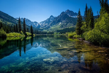 Fototapeta premium Scenic lake reflection with mountain landscape under blue sky