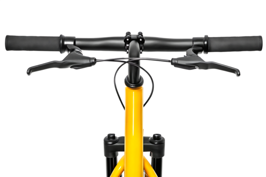 Yellow bicycle handlebars with grips and levers isolated on a transparent background - Powered by Adobe