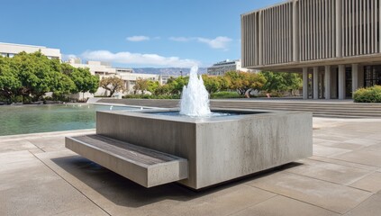 Modern fountain in a plaza, featuring a square concrete basin and a spouting jet, surrounded by trees and a building