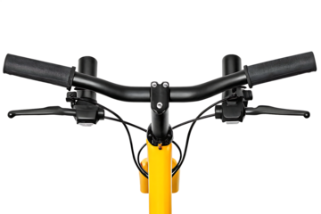 Yellow bicycle handlebars with grips and levers isolated on a transparent background