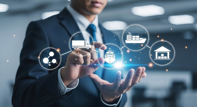 Businessman using a digital interface for global logistics network management.