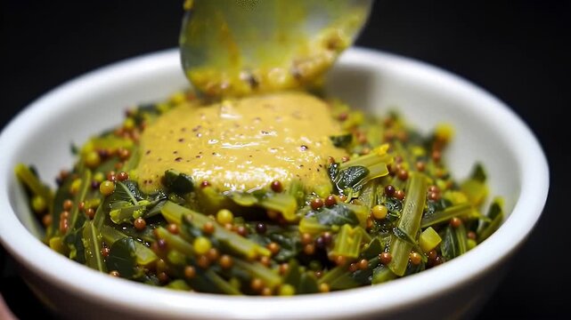 Exquisite Close Up Sarson ka Saag Featuring Mustard Leaves and Seeds Topped with Golden Mustard Sauce in White Bowl on Dark Background with Culinary Excellence Emphasizing Green and Yellow Color