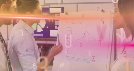 Male host initiating business review tracing chart with green marker launching alphanumeric codes