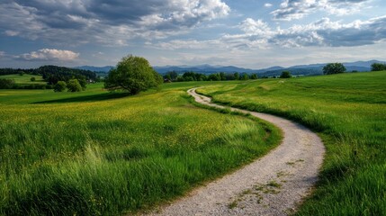 Serene Winding Path Through Vibrant Green Fields Under Dramatic Clouds with Scenic Mountains in the Background
