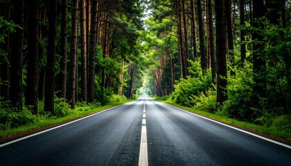 Obraz premium 森の中の長い直線道路 センターライン シンメトリー