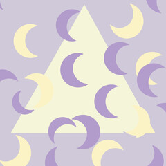 Abstract pattern of purple and light yellow crescent moons on a pastel purple and pale yellow background. Geometric shapes arranged in a repeating pattern with a triangular design element.