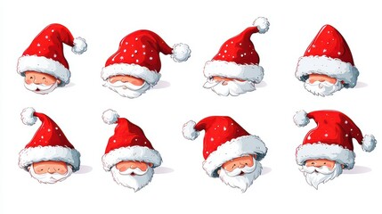 Fototapeta premium Eight diverse Santa Claus head illustrations with varying expressions, isolated on white.