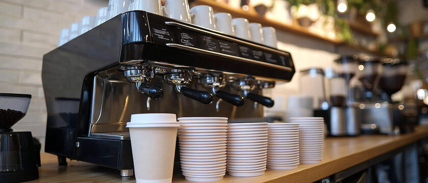 Espresso machine with paper cups ready for coffee brewing