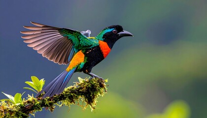 Vibrant bird in flight against a blurred background